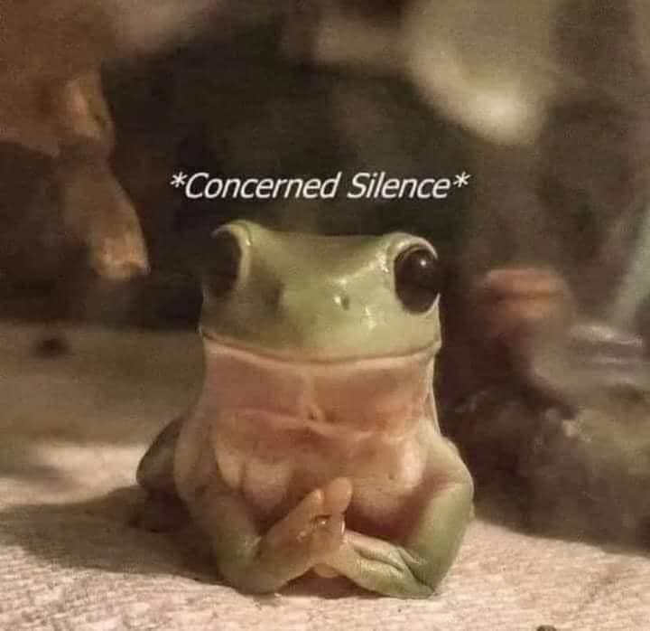 A cute, polite frog with its hands clasped, a funny meme captioned with "Concerned Silence."