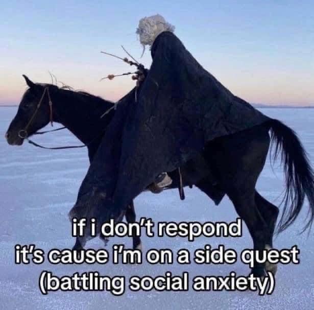 Funny meme of a cloaked figure on a horse, "if i don't respond it's cause i'm on a side quest (battling social anxiety)."