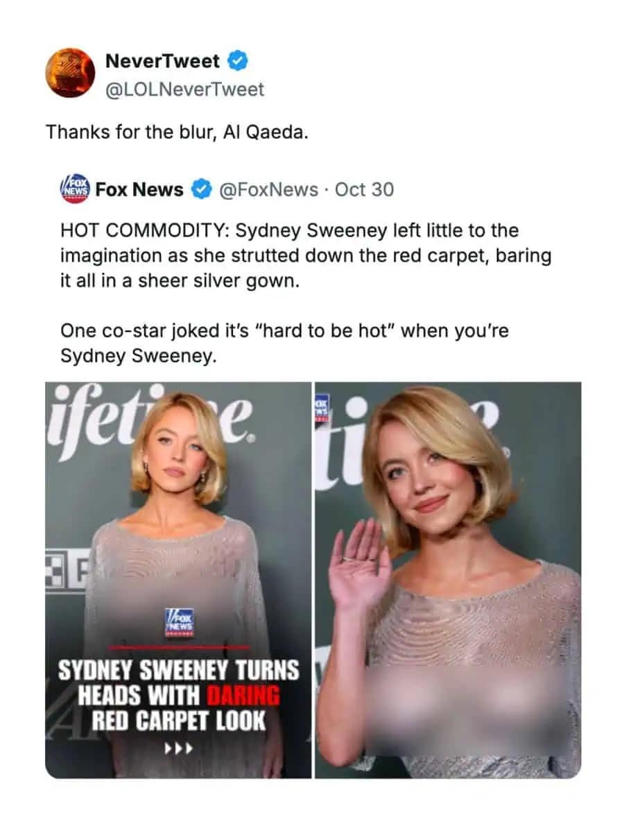 Funny memes tweet screenshot mocking Fox News for blurring Sydney Sweeney's sheer dress, comparing it to Al Qaeda.