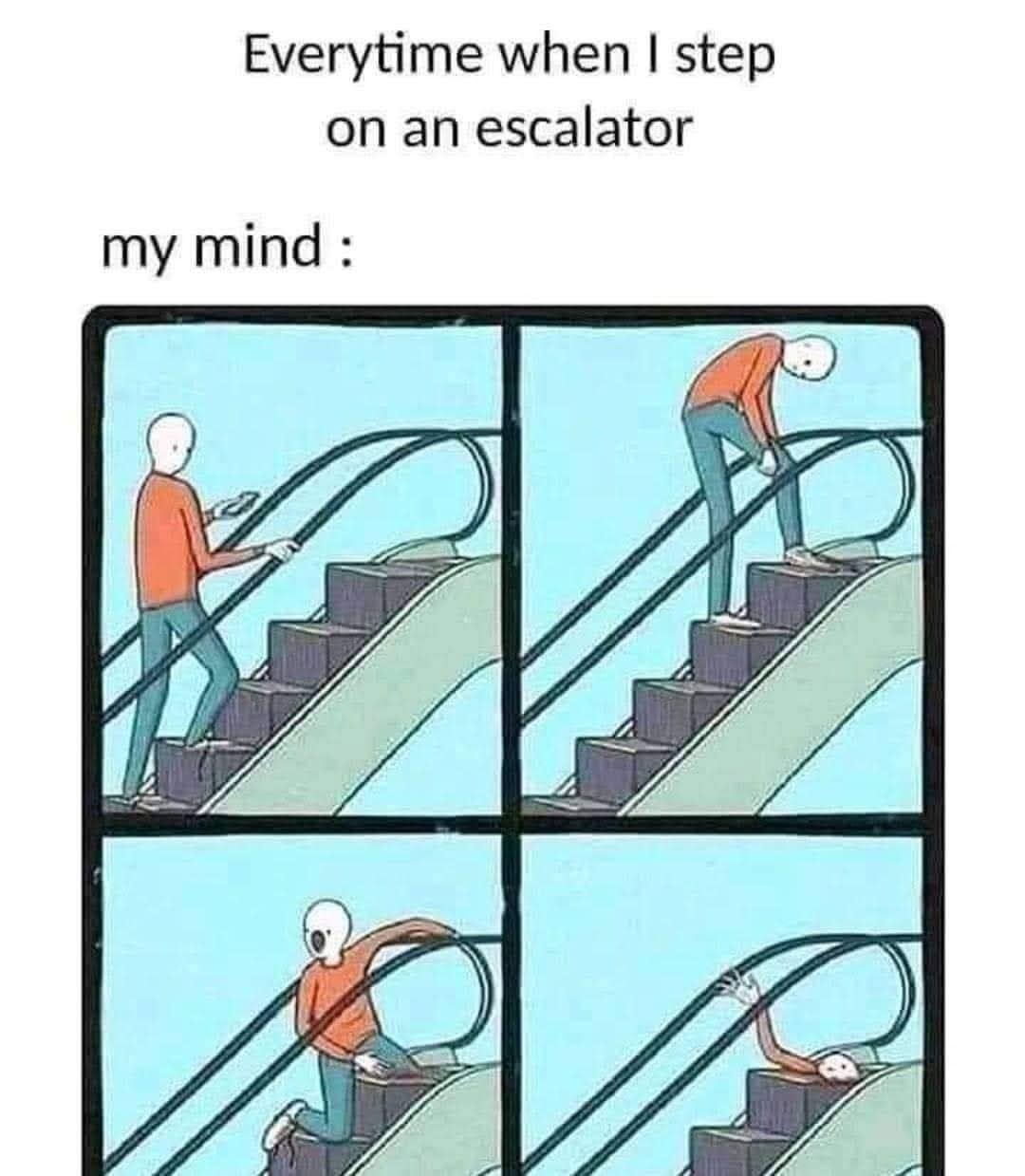 A four-panel cartoon of a person having intrusive thoughts about falling on an escalator, a funny meme.