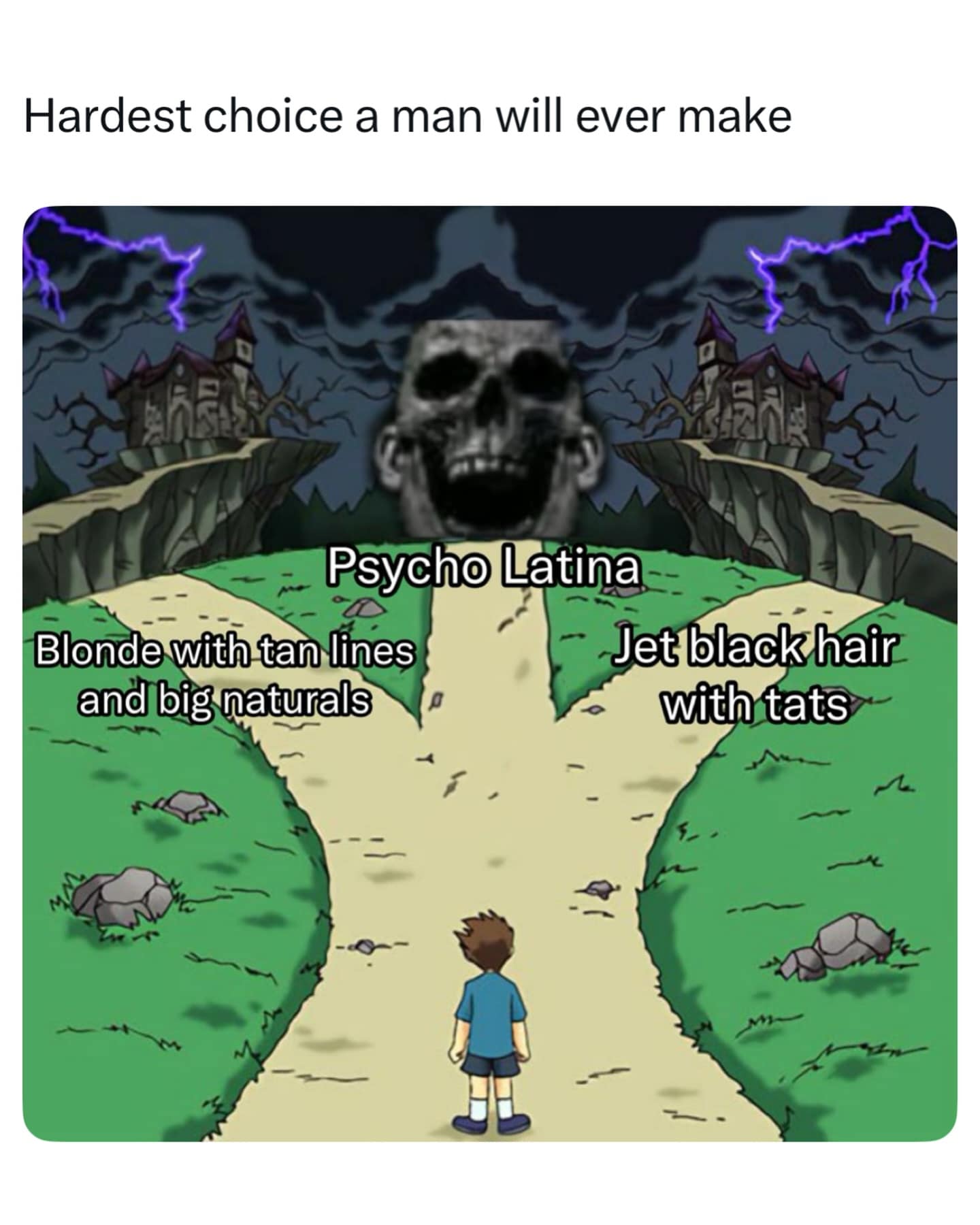 Funny dating meme showing a man's "hardest choice" between three different types of women as branching paths