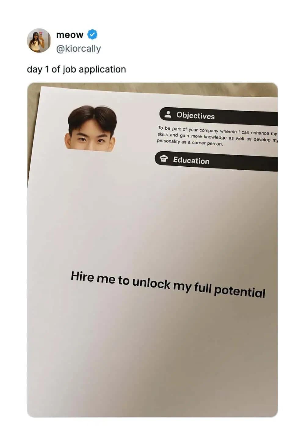 A funny meme of a job application resume that says "Hire me to unlock my full potential."