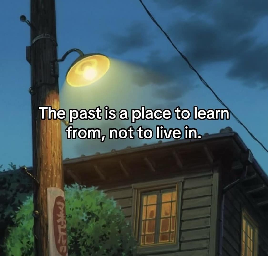 An inspirational quote over a peaceful, anime-style image of a house at night.