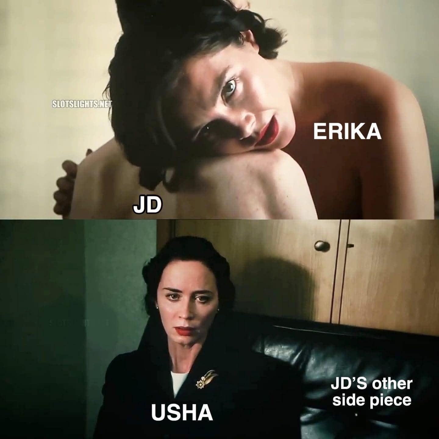 A funny meme labeling the Oppenheimer scene as "JD," "Erika," and "JD's other side piece."
