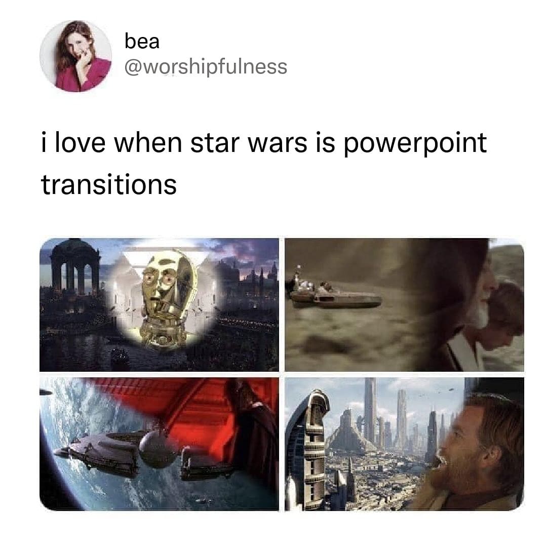 Four Star Wars prequel scenes showing dated PowerPoint wipe transitions funny memes.