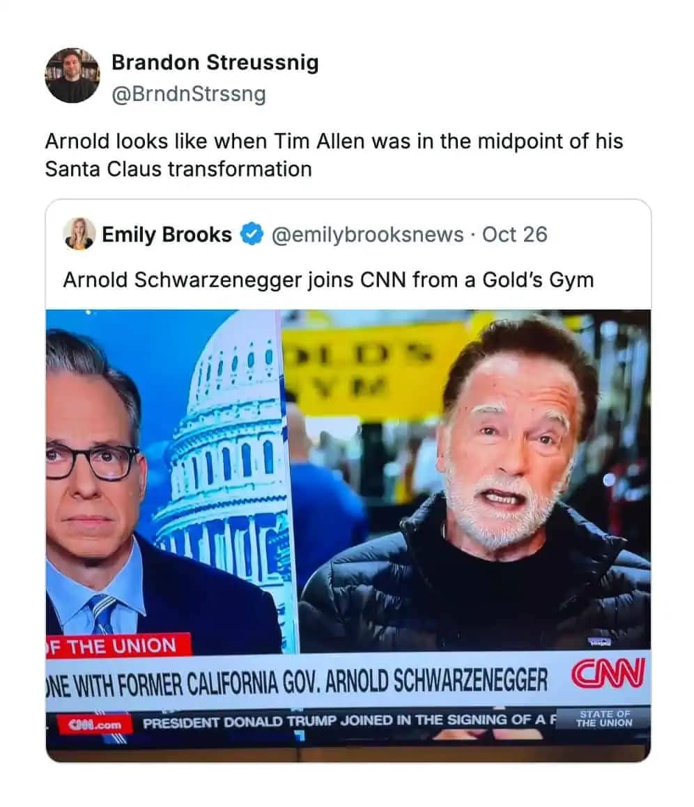 A funny meme comparing Arnold Schwarzenegger on CNN to Tim Allen's "Santa Claus transformation."