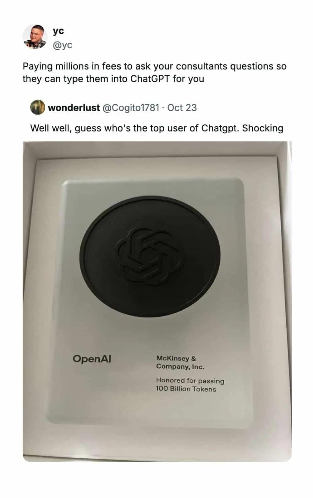A funny meme showing a fake OpenAI award to McKinsey & Company for "100 Billion Tokens."