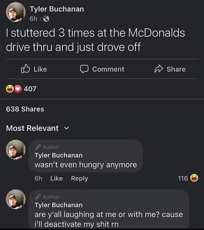 Funny Facebook post about a man with social anxiety who "stuttered 3 times" at McDonald's and drove off.