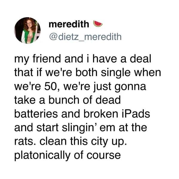 Tweet about unhinged friendship pact to throw batteries at rats when old funny pics.