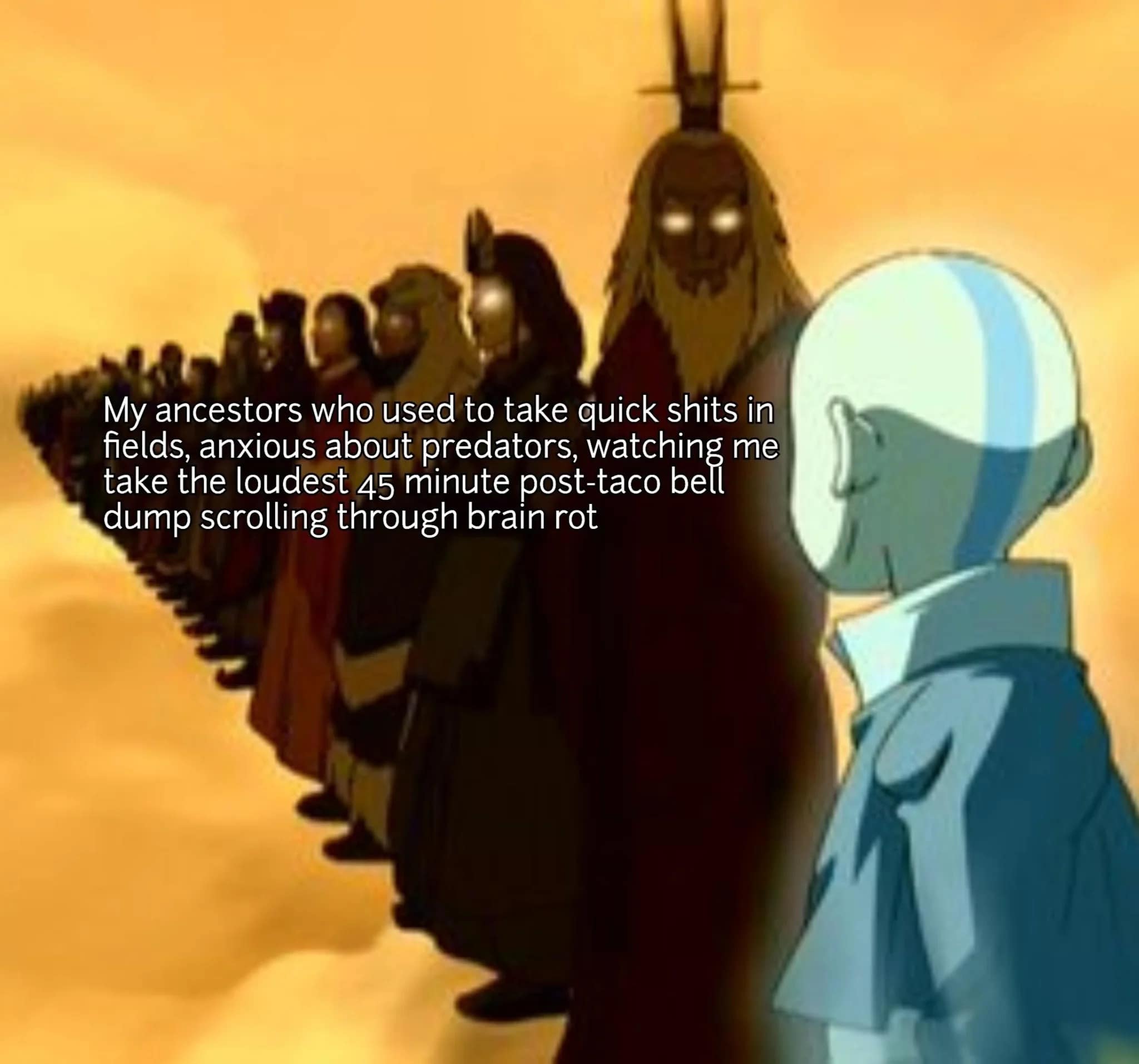 Avatar meme showing ancestors watching user take a long bathroom break scrolling phone.