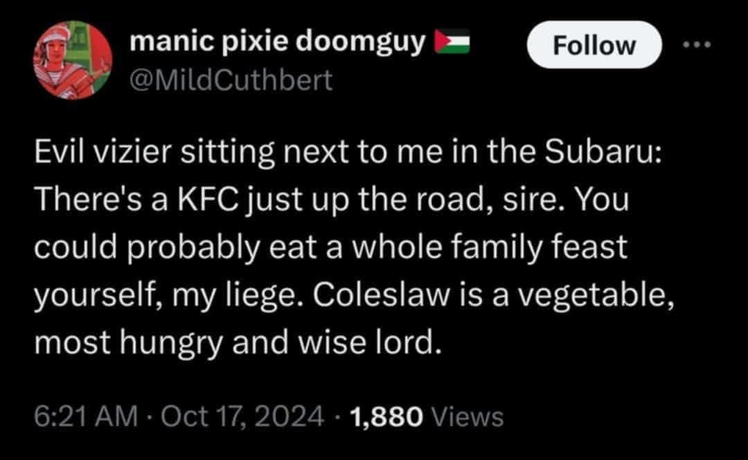 Funny tweet describing an "evil vizier" in a Subaru, tempting the driver with a KFC family feast.