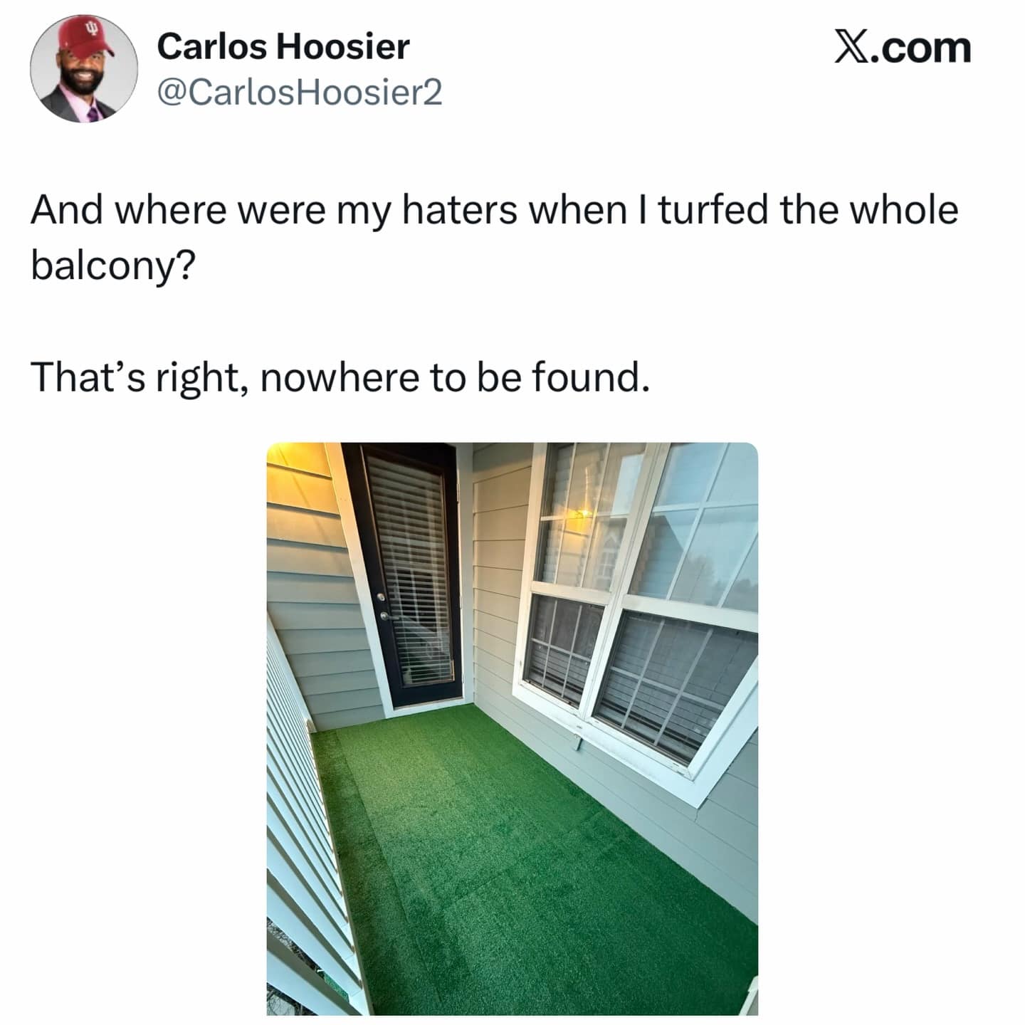 Man flexing about installing artificial grass turf on his apartment balcony funny pics.