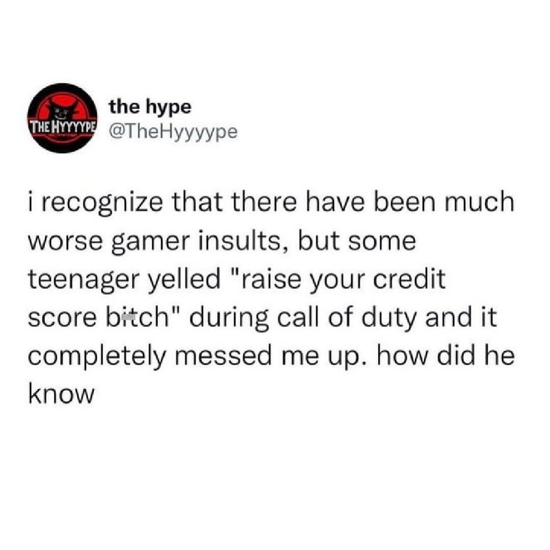 Gamer tweet about receiving a surprisingly personal insult about credit scores funny pics.