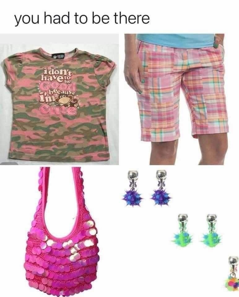 A nostalgic "you had to be there" funny pic starter pack of a chaotic 2000s girl's outfit, including plaid shorts and spiky earrings.