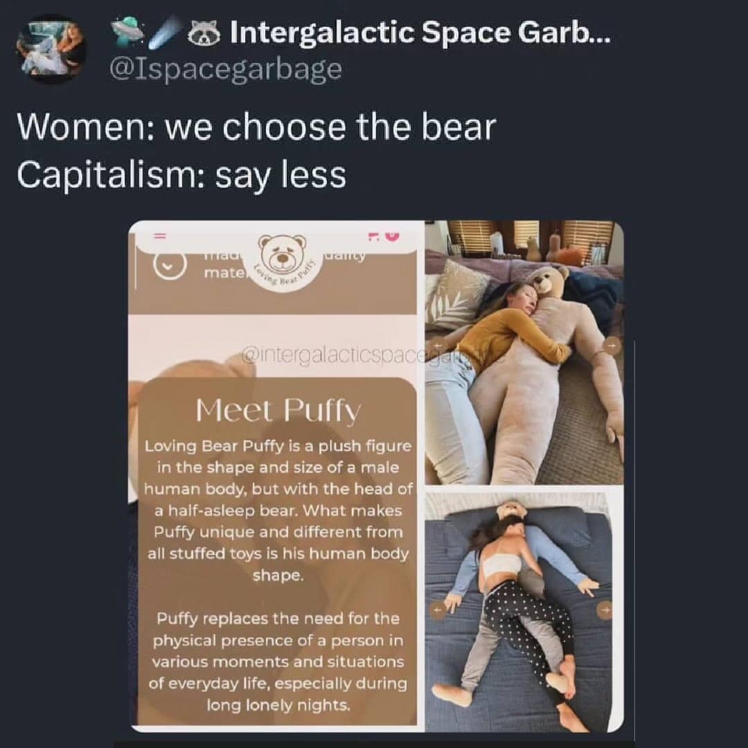 A funny pic about the "man or bear" trend, showing a "Puffy" bear-head, human-body pillow for women.