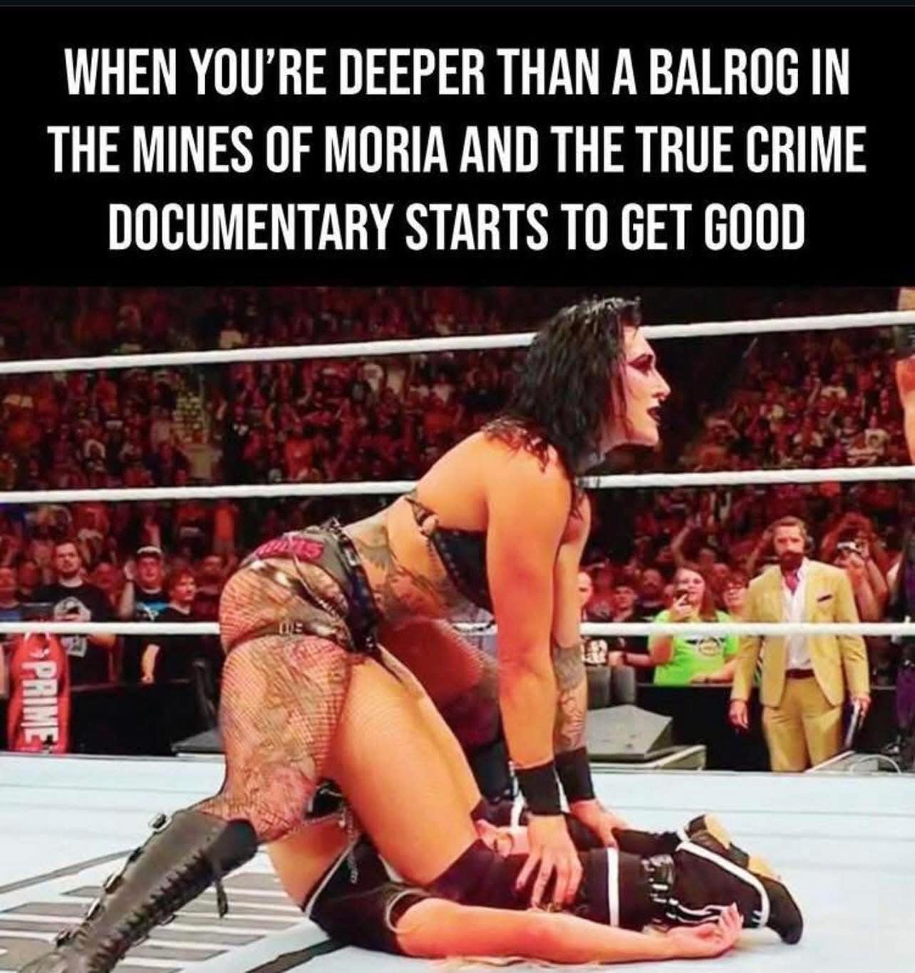 Funny, vulgar wrestling meme of Rhea Ripley, captioned with a "Lord of the Rings" and "true crime" joke.