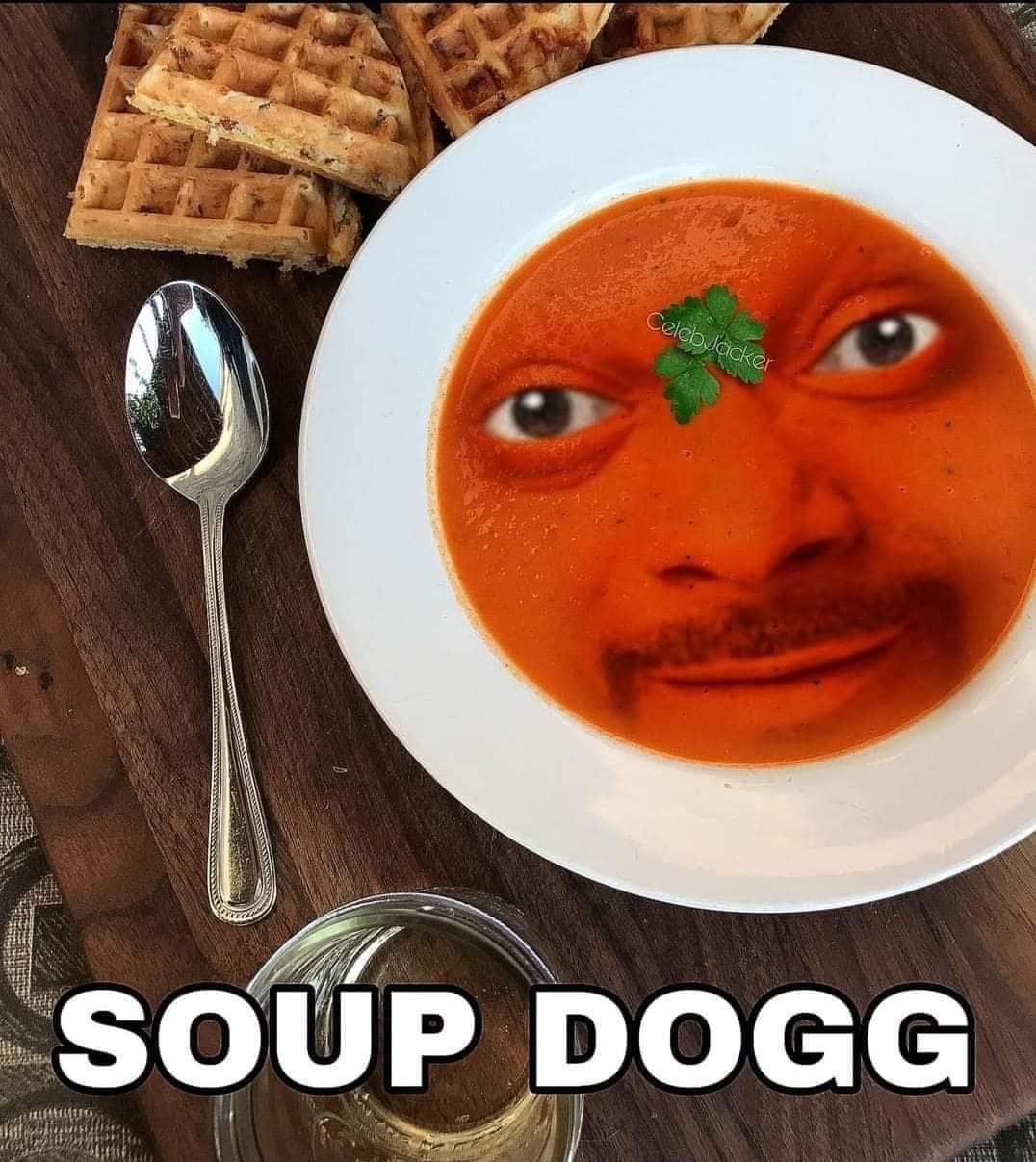 A funny picture pun, "Soup Dogg," showing Snoop Dogg's face photoshopped into a bowl of tomato soup.