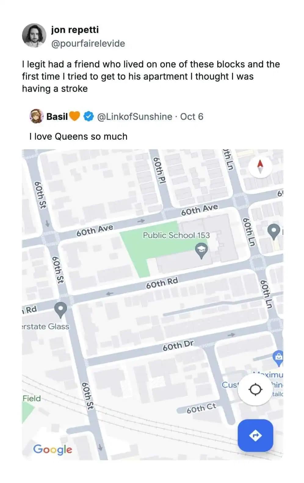 A funny pic of a tweet showing the confusing street map of Queens, New York, with "60th St," "60th Ave," etc.
