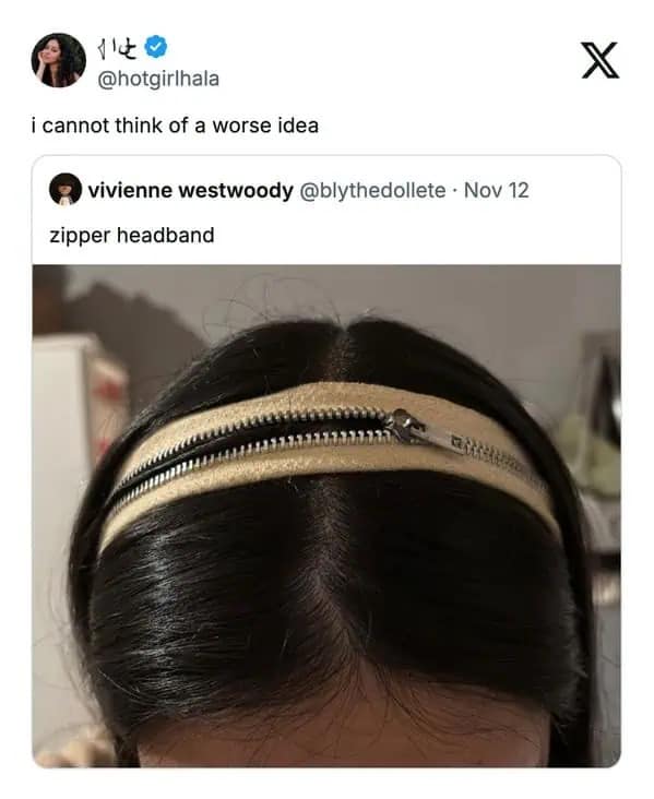 Zipper headband parting hair down the middle labeled as a bad idea funny pics.