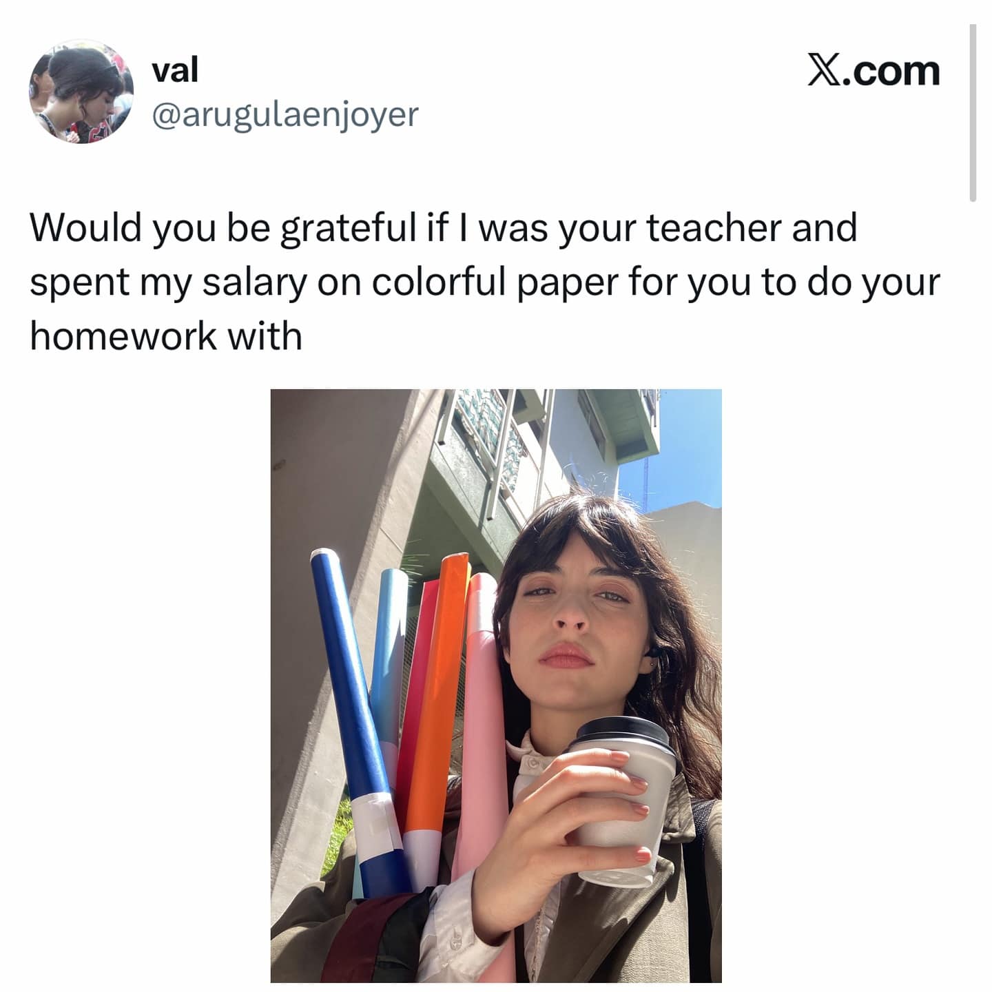 A funny pic of a tweet asking, "Would you be grateful if I was your teacher and spent my salary on colorful paper?"