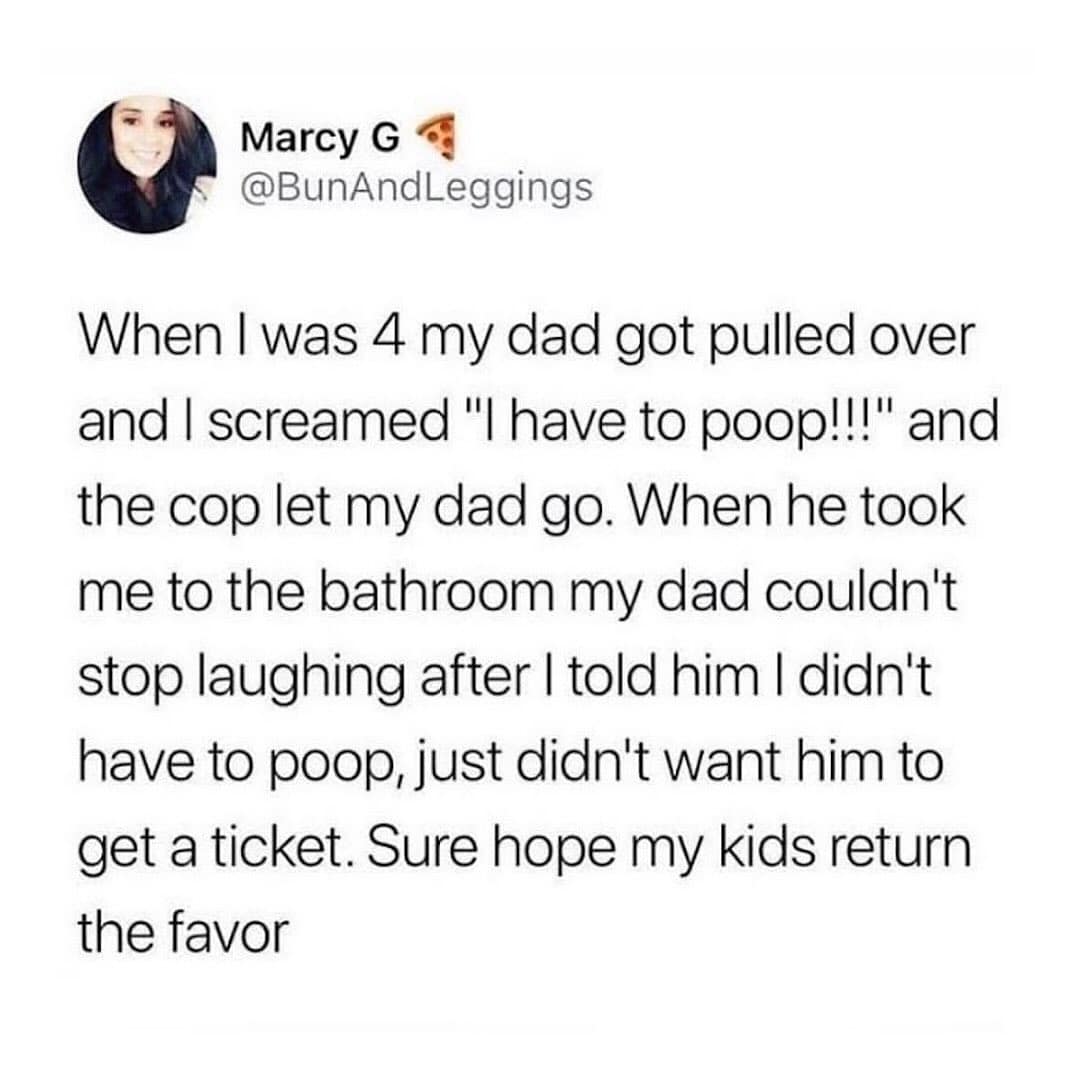 Funny tweet about a 4-year-old girl faking a poop emergency to help her dad avoid a traffic ticket.