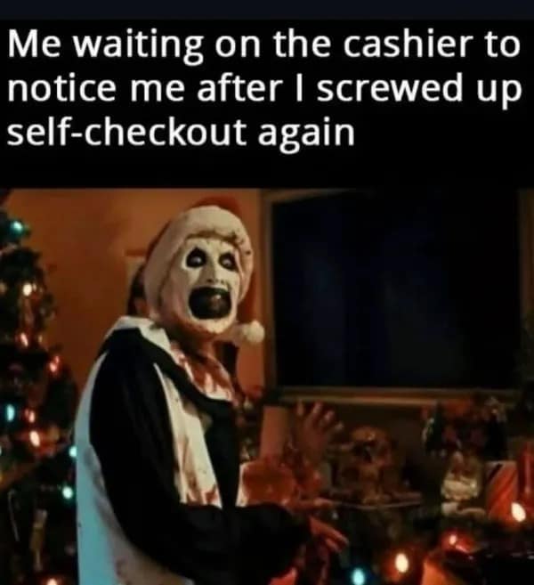 Art the Clown looking awkward while waiting for help at self checkout funny pics.