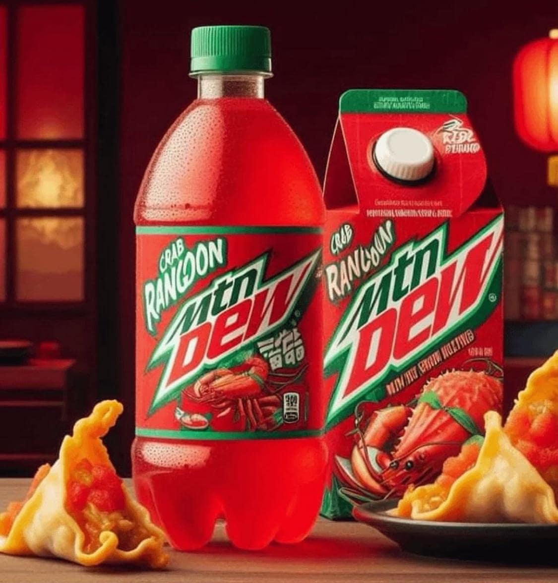 A cursed, AI-generated image of a fake "Crab Rangoon" flavored Mountain Dew soda.