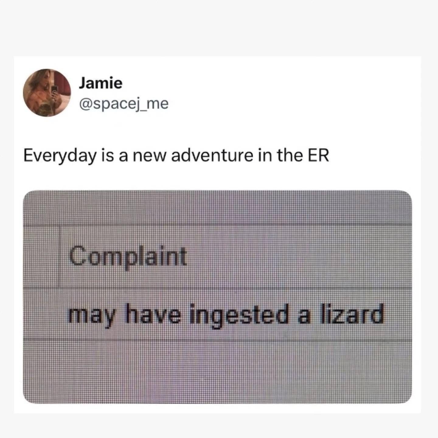 Funny ER tweet showing a patient's computer chart, where the "Complaint" is "may have ingested a lizard."