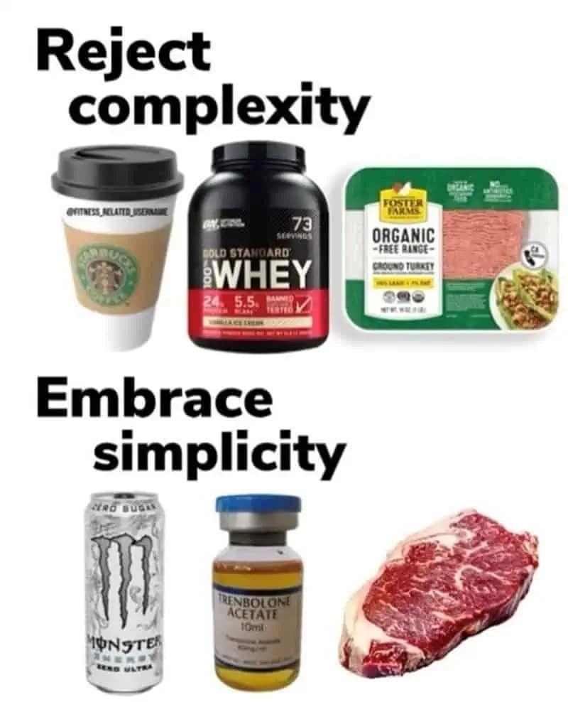 A funny gym meme: "Reject complexity" (whey, ground turkey) and "Embrace simplicity" (Monster, steroids, steak).