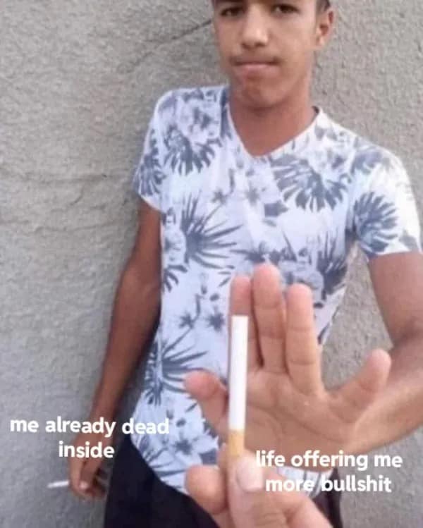Funny reaction meme of a man refusing a cigarette, captioned "me already dead inside" refusing "more bullshit from life."