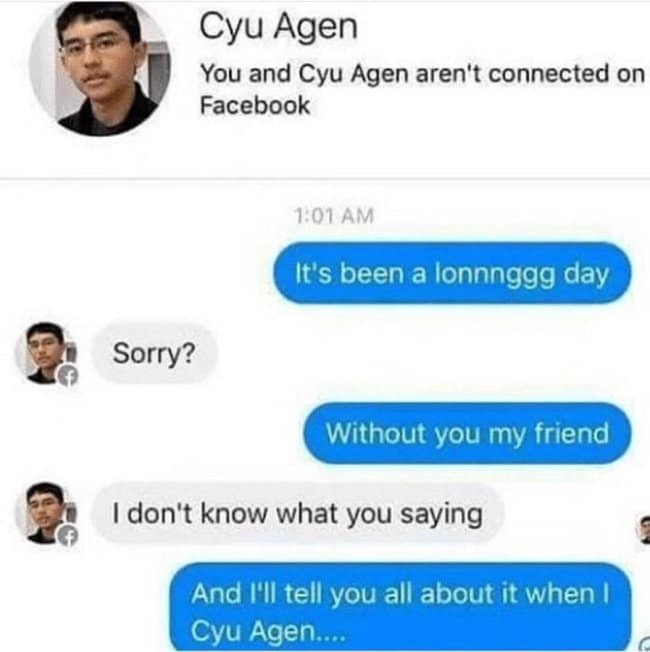 Funny text message prank where someone uses the lyrics to "See You Again" on a stranger named "Cyu Agen."