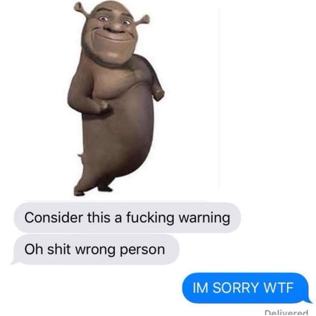 Funny text message "wrong person" fail, sending a threatening message with a weird, cursed Shrek image.