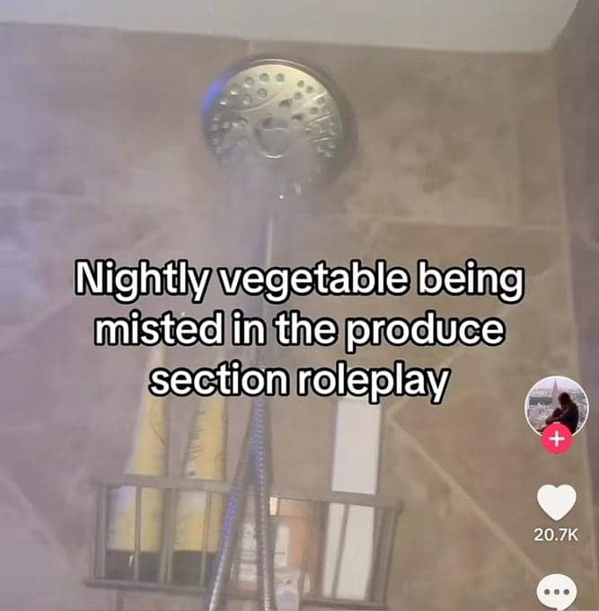Funny tiktok screenshot comparing a showerhead to produce misters