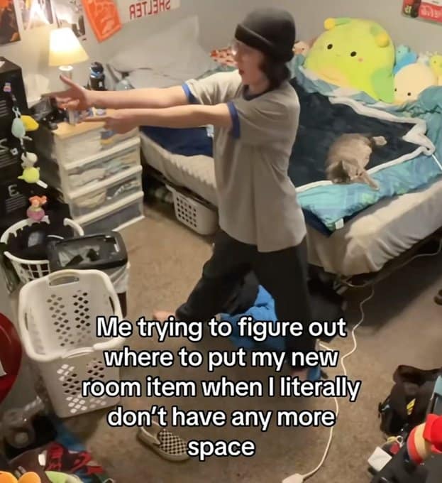 Funny tiktok screenshot of someone struggling to organize a messy room.