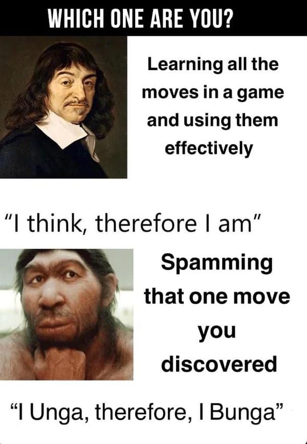 Gamer meme comparing learning game mechanics to spamming one move