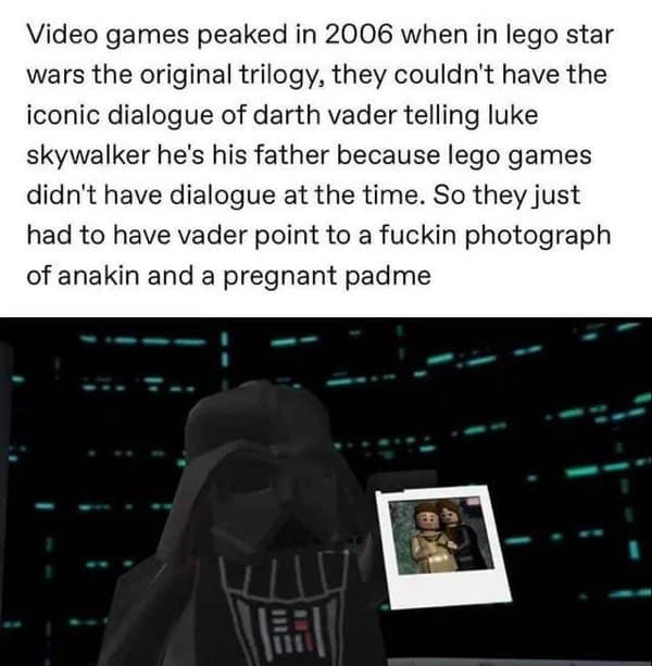 Gamer meme explaining why Lego Star Wars had no dialogue in 2006