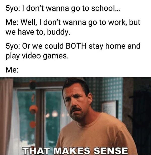 Gamer meme showing Adam Sandler realizing work is just adult school