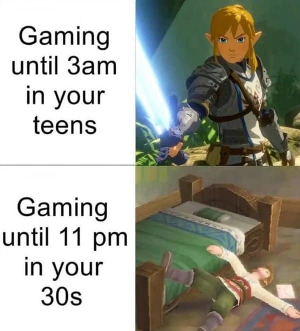 Gamer meme comparing gaming stamina in your teens versus your 30s.