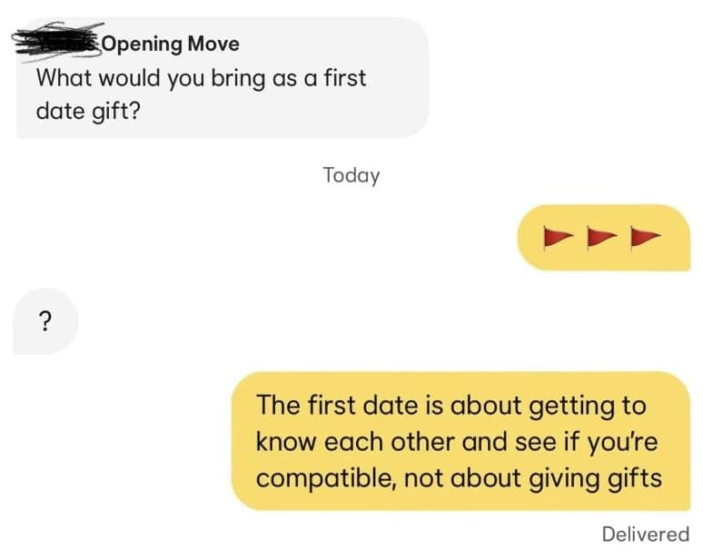 Dating app chat where a girl expects a "first date gift," and the guy sends "red flag" emojis.