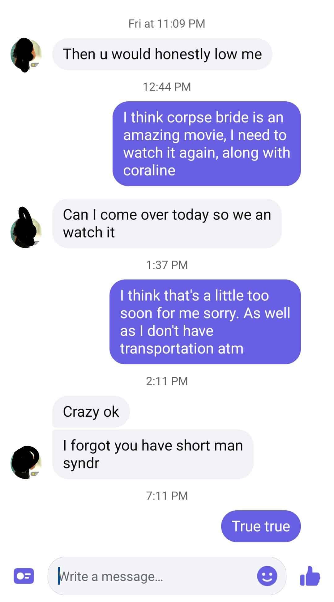 A text exchange where a girl insults a guy, saying he has "short man syndrome" after he politely declines a date.