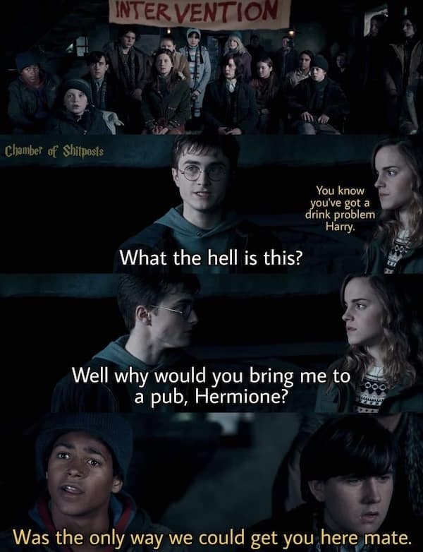 Harry potter meme showing an intervention for Harry's drinking problem with Hermione