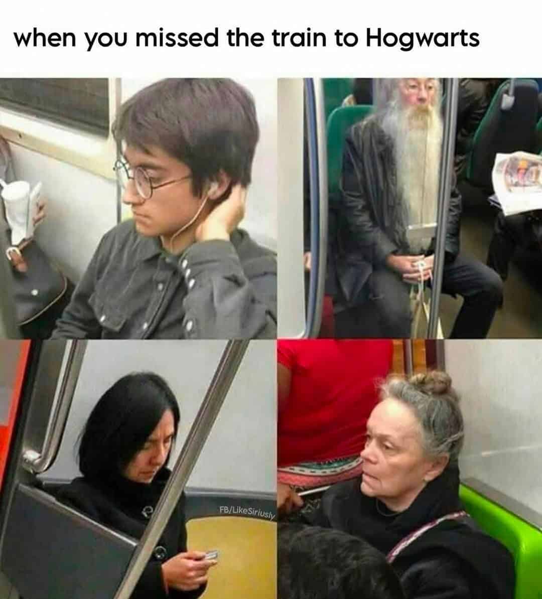 A Harry Potter meme showing four real-life lookalikes of Harry, Dumbledore, Snape, and McGonagall on a subway train.
