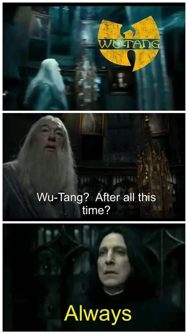 Harry potter meme replacing the Deathly Hallows symbol with the Wu-Tang Clan logo
