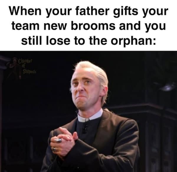 Harry potter meme showing Draco Malfoy crying after losing Quidditch despite buying brooms