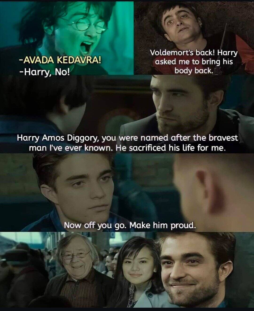 A Harry Potter meme showing a cursed "what if" timeline where Cedric Diggory lives and Harry dies.