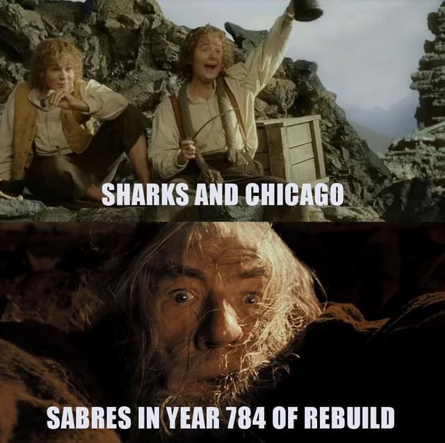 A funny hockey meme from Lord of the Rings showing the Sharks and Blackhawks as happy hobbits, and the Sabres as a suffering Gandalf.