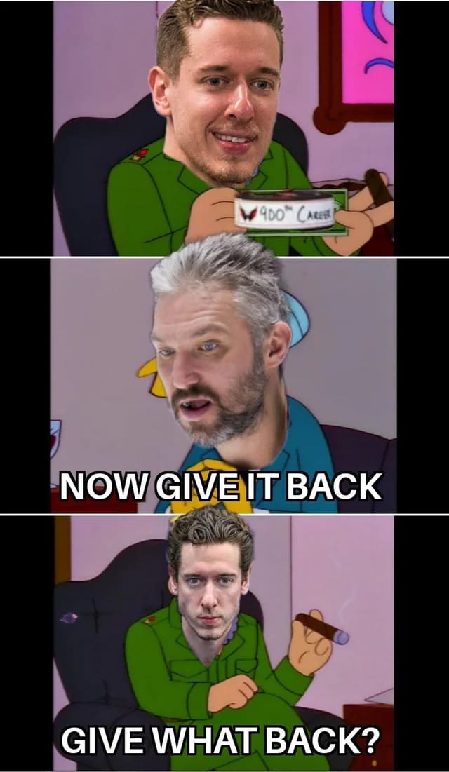 A deep-cut NHL meme using The Simpsons format to joke about Mitch Marner's playoff "magic" disappearing when ex-GM Kyle Dubas needed it.