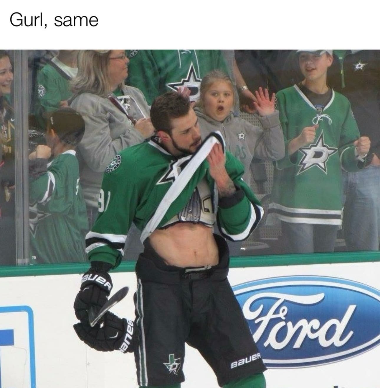 A funny hockey meme of Tyler Seguin lifting his shirt, and a young girl in the crowd reacting with "Gurl, same" energy.