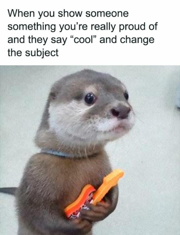 An introvert meme of a sad otter with a guitar, after someone "changes the subject" on their passion.