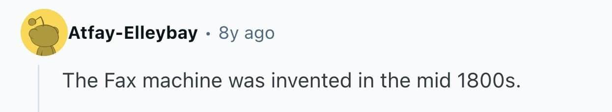 Social media post stating the fax machine was invented in the mid-1800s.